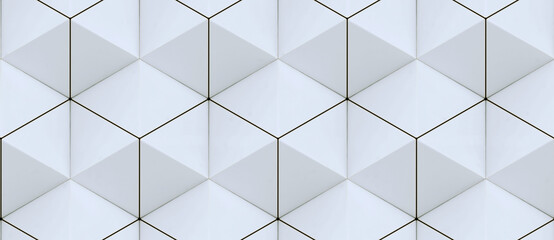 Wall Mural - 3D wall of white triangles in the loft style assembled in hexagons and seamless ornament. High quality seamless realistic texture.