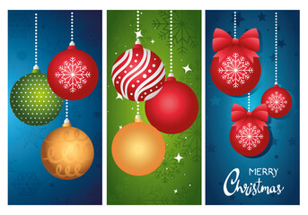 Wall Mural - happy merry christmas letterings cards with balls hanging vector illustration design