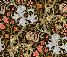 Floral Seamless Pattern With Big Flowers, Lily And Foliage On Dark Background. Vector Illustration.