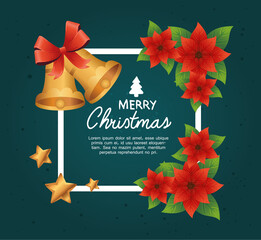 Wall Mural - happy merry christmas lettering card with bells and stars in floral frame vector illustration design