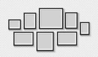 Black blank photo frame set. Vector empty pictures on wall. Square and rectangle art gallery poster.