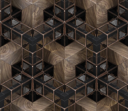Wall Mural -  - 3D Wallpaper depicting a chain of geometric elements made of precious wood black glossy metal with golden construction chain as decor luxury shape. High quality seamless realistic texture.