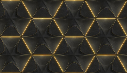 Wall Mural - 3D Wallpaper of black hexagone geometry tiles with gold frayed edges and with illumination.