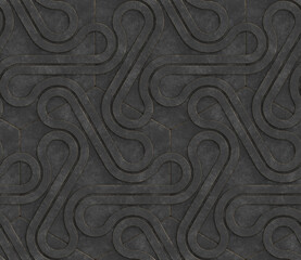 Wall Mural - 3D black wall with three dimensional ribbon shapes located above the hexagons. High quality seamless realistic texture.