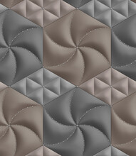 3D Wallpaper Imitation Gray And Brown Soft Panels Hexagons And Rhombus Upholstered In Leather And Decorative Silver Nails. High Quality Seamless Realistic Texture.
