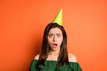 Sticker - Photo of shocked sad lady dressed green off-shoulders blouse birthday headwear open mouth isolated orange color background