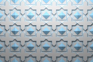 Wall Mural - Pattern with blue geometric repeating elements - crosses, pyramids, squares