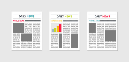 Newspaper template. Mockup of news and magazines. Paper page of journal with article, column and headline. Tabloid in front for text. Design of layout for editorial press. Media content. Vector