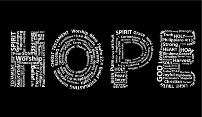 word hope in white written with christian words on black background. christian background