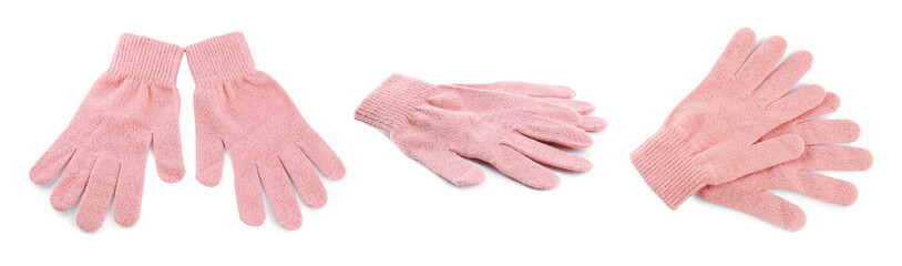 Sticker - Set of pink woolen gloves on white background. Banner design