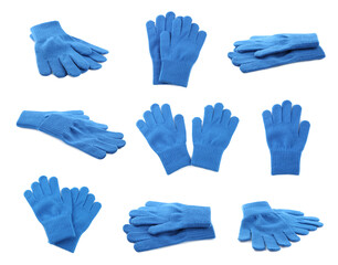 Sticker - Set of blue woolen gloves on white background