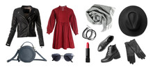 Stylish Women's Outfit. Collage With Modern Clothes, Gloves And Other Accessories On White Background, Banner Design