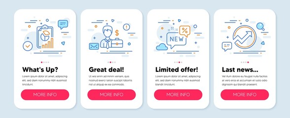 Wall Mural - Set of Finance icons, such as New, Businessman case, Report symbols. Mobile app mockup banners. Audit line icons. Discount, Human resources, Presentation chart. Arrow graph. New icons. Vector