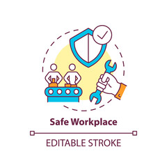 Sticker - Safe workplace concept icon. Workplace safety elements. Everyday safety for emloyee health. Life saving strategy idea thin line illustration. Vector isolated outline RGB color drawing. Editable stroke