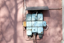 Vintage Electricity Circuit Box, Blue On A Pink Wall, Old Engineering Technology. High Voltage