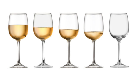 Glasses with different amount of wine on white background