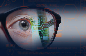 Wall Mural - Young woman with iris scanning, closeup. Concept of cyber security