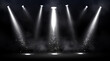 Stage illuminated by spotlights. Empty scene with spot of light on floor. Vector realistic illustration of studio, theater or club interior with beams of lamps, smoke and glowing particles