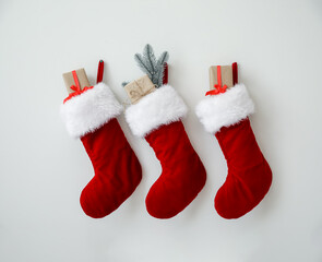 Wall Mural - Beautiful Christmas socks with gifts hanging on light wall