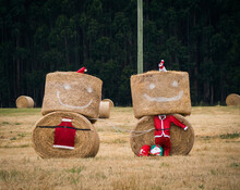 Mr And Mrs Christmas Made From Bales Of Hay Decorations In Paddock