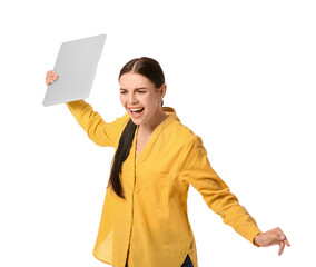 Sticker - Stressed young woman with laptop on white background