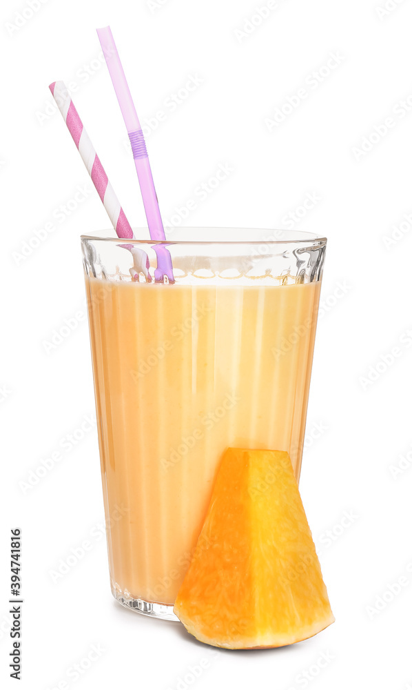 Glass of tasty pumpkin smoothie on white background