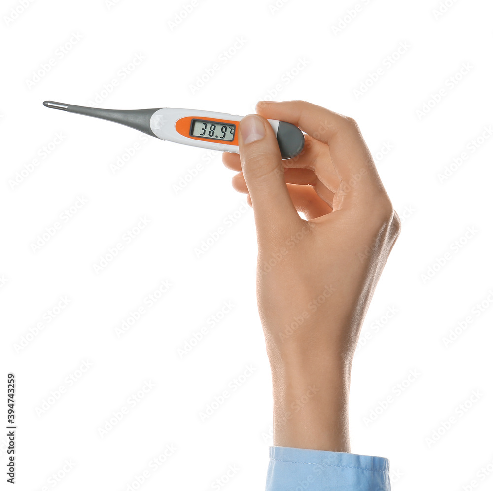 Hand with thermometer on white background
