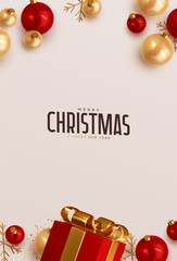 Wall Mural - merry christmas and happy new year. xmas background design red realistic gifts box, golden balls and