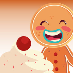 Poster - cute gingerbread man with cream and fruit dessert