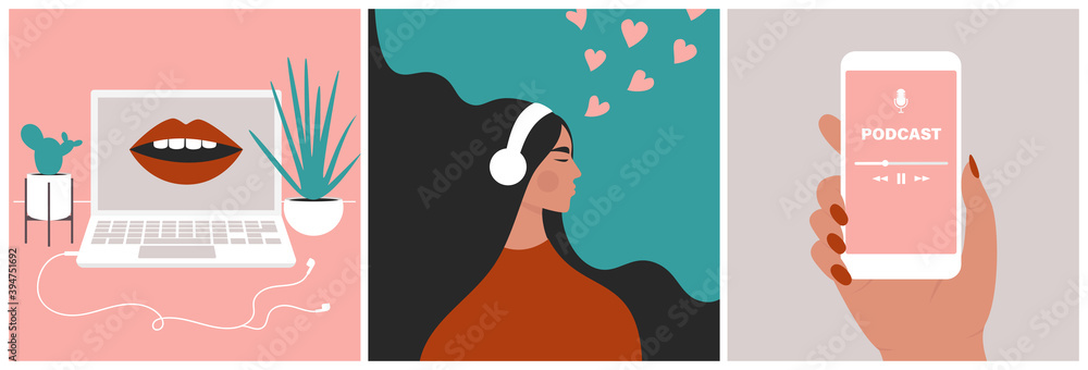 Podcast concept set. Mouth speaking from a screen on a laptop. Young beautiful girl enjoying audio in headphones. Hand holding a smartphone with a media application. Flat vector in trendy style - obrazy, fototapety, plakaty 