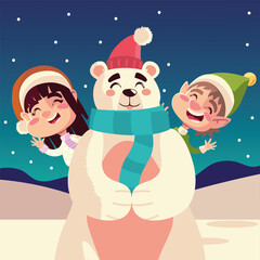 Wall Mural - merry christmas, happy girl and boy polar bear with hat celebration