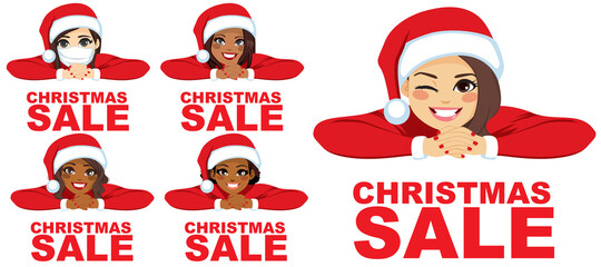 Wall Mural - Diverse women wearing Santa hat smiling and winking with red Christmas sale text