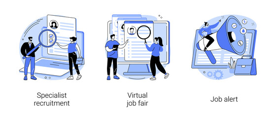Headhunting abstract concept vector illustration set. Specialist recruitment, virtual job fair, job alert, human resources, digital hr, job offer, work opportunity information abstract metaphor.