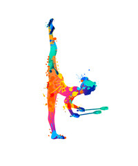 Canvas Print - Rhythmic gymnastics girl with clubs. Vector dancer silhouette of splash paint