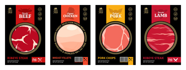 Wall Mural - Vector butchery labels with farm animal face. Cow, chicken, pig and sheep icons. Meat textures