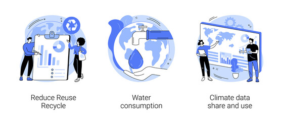 Wall Mural - Save the planet abstract concept vector illustration set. Reduce Reuse Recycle, water consumption, climate data share and use, upcycling program, weather forecast, overconsumption abstract metaphor.