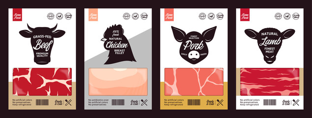 Canvas Print - Vector butchery labels with farm animal faces. Cow, chicken, pig and sheep icons and meat textures for groceries, meat stores, packaging and advertising