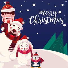 Poster - merry christmas boy bear penguin and rabbit in the winter landscape