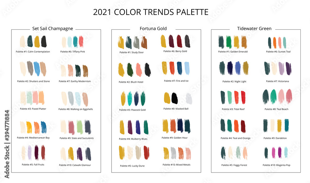 2021 color trends palette on brush strokes. Vector stok illustration isolated on white background. - obrazy, fototapety, plakaty 