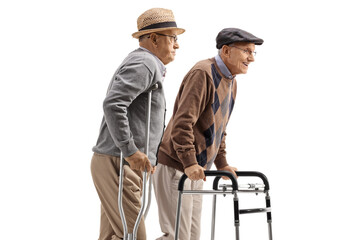 Sticker - Elderly men walking with crutches and a walker