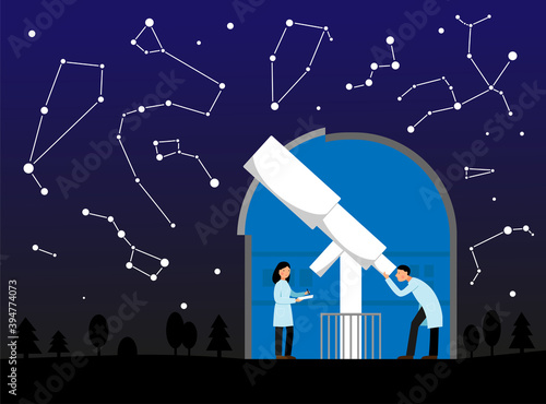 Fotomural Vector illustration with observatory, night sky and constellations
