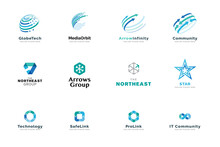Set Of Logo Design Templates. Vector Illustrations On The Topic Of Business, Technology, Network, Social Media, Internet Community, Logistics.