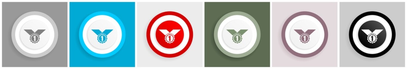 Aufkleber - Badge, winner, first, award icon set, colorful flat design vector illustrations in 6 options for web design and mobile applications