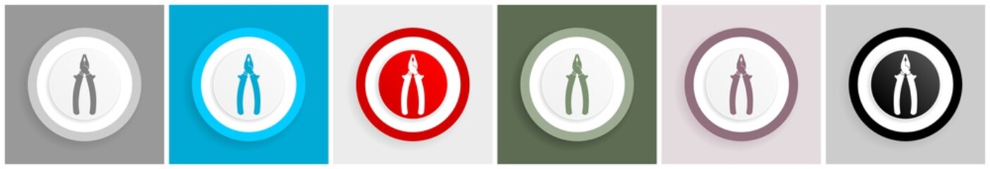 Leinwandbilder - Pliers tool, equipment icon set, colorful flat design vector illustrations in 6 options for web design and mobile applications