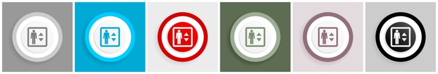 Aufkleber - Elevator, lift icon set, colorful flat design vector illustrations in 6 options for web design and mobile applications