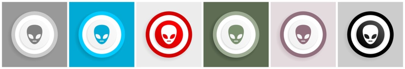 Poster - Alien face icon set, colorful flat design vector illustrations in 6 options for web design and mobile applications