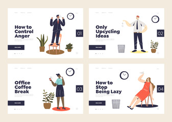 Wall Mural - Landing pages with lazy or procrastinating office relaxed or stressful workers at workplace