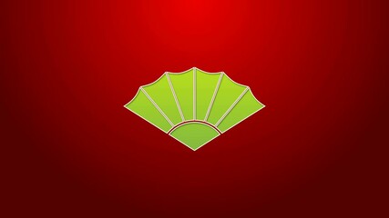 Wall Mural - Green line Traditional paper chinese or japanese folding fan icon isolated on red background. 4K Video motion graphic animation