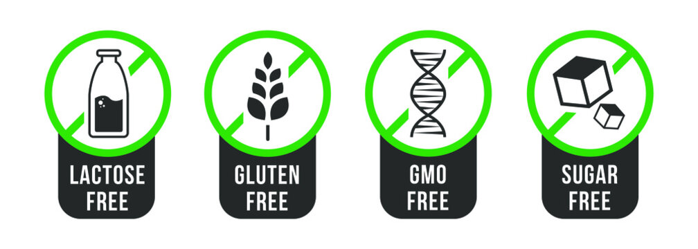 Wall Mural -  - Set of vector icons of common allergens (gluten, lactose), GMO free and sugar free labels. Round stickers with food intolerance symbols for product packaging.