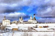 Winter View On Russian Monastery Colorful Painting Looks Like Picture, Ferapontovo, Vologda Region, Russia.